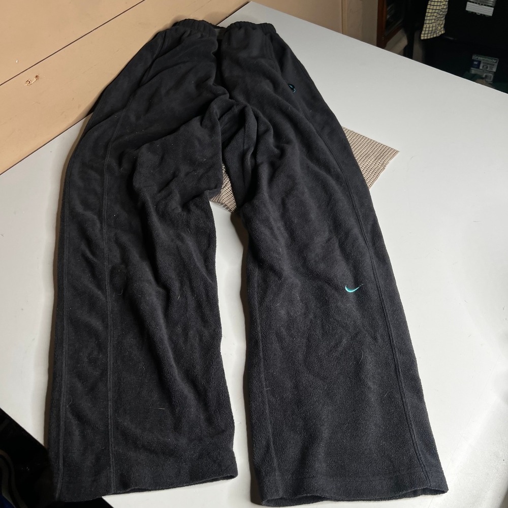 Nike Womens Fleece Wide Leg Sweatpants Black Teal Swoosh Medium M 8-10